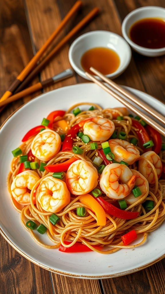A colorful serving of shrimp yakisoba with noodles, bell peppers, and shrimp, garnished with sesame seeds on a wooden table.